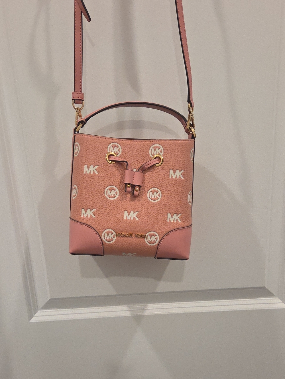 Michael Kors Pink MK Logo Drawstring Bucket Crossbody